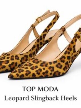 TOP Moda Leopard-Print Pointed Slingback Heels - Tan/Black worn once